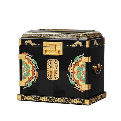 Black Lacquer Chest with Hand-Painted Panels