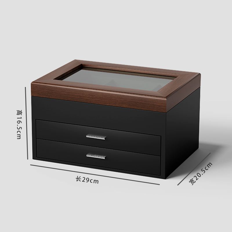 Black Jewelry Storage Box with Glass Lid & Drawers
